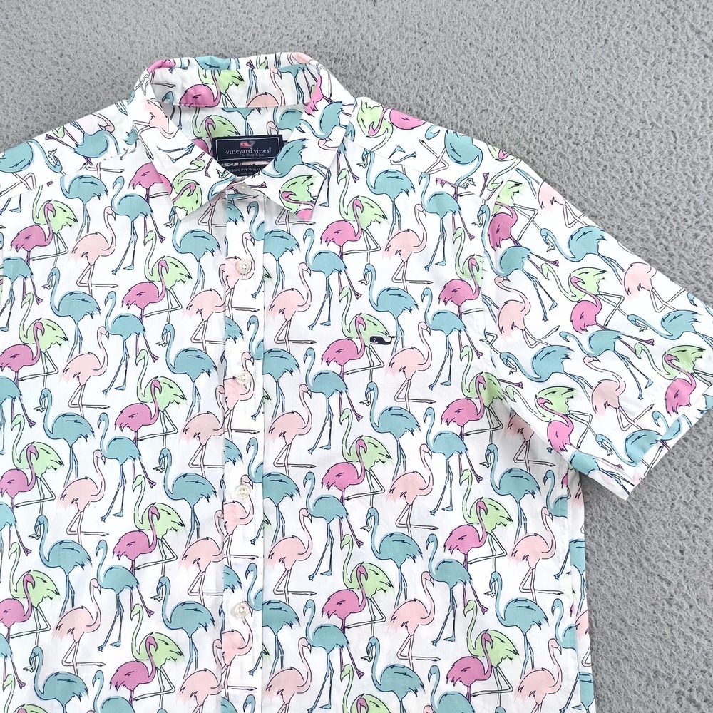 Vineyard Vines Shirt Mens Medium Flamingo Print Whale Short Sleeve 1W012701